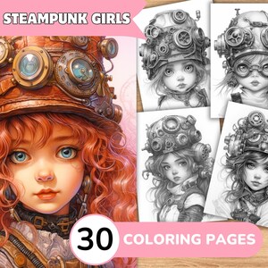 Steampunk Girls Coloring Pages Book, Steampunk Coloring Digital, Grayscale Coloring Book, Coloring Template Grayscale