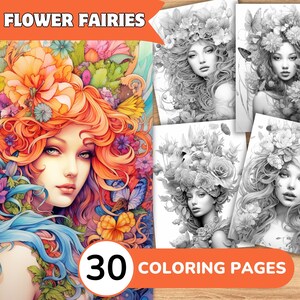 Flower Fairy Coloring Pages Book, Flower Fairy Grayscale Coloring Book, Fairy Coloring Grayscale, Fairy Coloring Digital