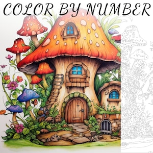 Kleur op nummer, verf op nummer, verfnummer volwassene, kleur genummerd, kleur op nummer voor volwassenen, Fairy House Coloring