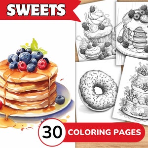 Sweet Coloring Pages Book, Sweet Grayscale Coloring Book, Sweet Coloring Grayscale, Food Coloring Digital, Cake Coloring