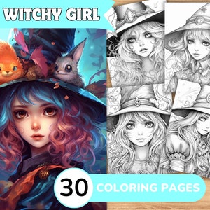 Witch Coloring Pages, Witch Coloring Book, Witch Grayscale Coloring, Girl Coloring Book, Girl Grayscale Coloring