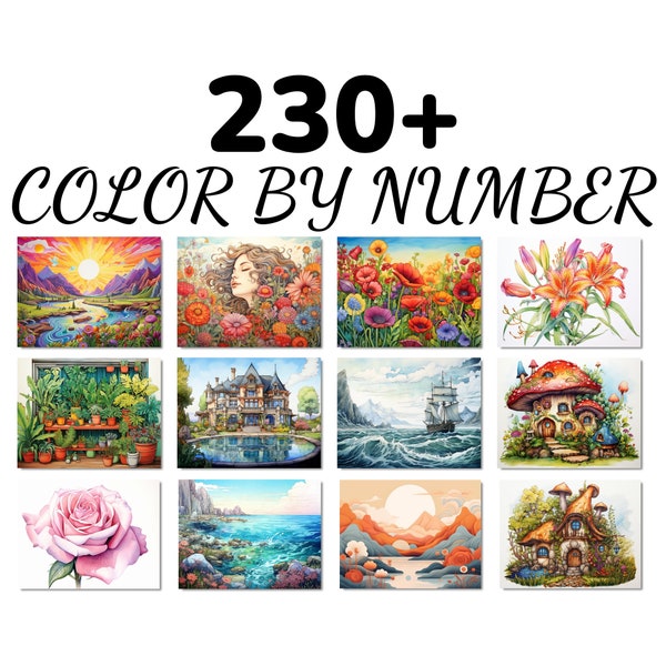 BUNDLE 230+ Farbe nach Nummer, Malen nach Nummer, Farbe nach Nummer für Erwachsene, Färbung Nummeriert, Farbe nach Nummer für Erwachsene