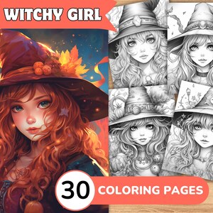 Witch Coloring Pages, Witch Coloring Book, Witch Grayscale Coloring, Girl Coloring Book, Girl Grayscale Coloring