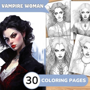 Páginas para colorear de vampiros, Libro para colorear de vampiros, Colorear en escala de grises de vampiros, Libro para colorear de mujeres, Páginas para colorear de mujeres
