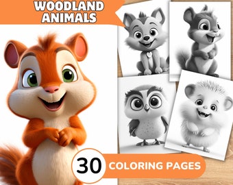 Woodland Animal Coloring Book, Forest Animal Coloring Pages, Cute Animal Grayscale Coloring Book, Coloring Template Grayscale Digital