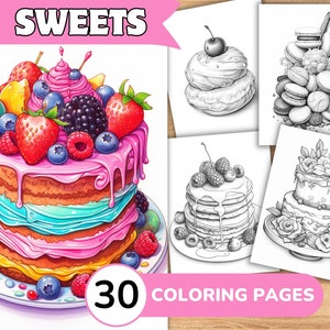 Sweet Coloring Pages Book, Sweet Grayscale Coloring Book, Sweet Coloring Grayscale, Food Coloring Digital, Cake Coloring