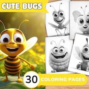 Cute Bugs Coloring Pages Book, Bugs Coloring Pages, Insect Coloring Book, Insect Coloring Template Grayscale, Greyscale Digital Coloring
