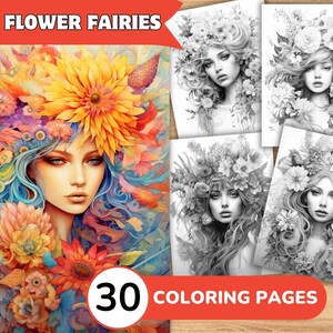 Flower Fairy Coloring Pages Book, Flower Fairy Grayscale Coloring Book, Fairy Coloring Grayscale, Fairy Coloring Digital