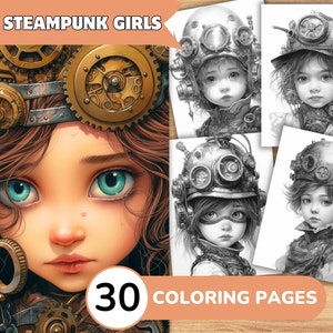 Steampunk Girls Coloring Pages Book, Steampunk Coloring Digital, Grayscale Coloring Book, Coloring Template Grayscale