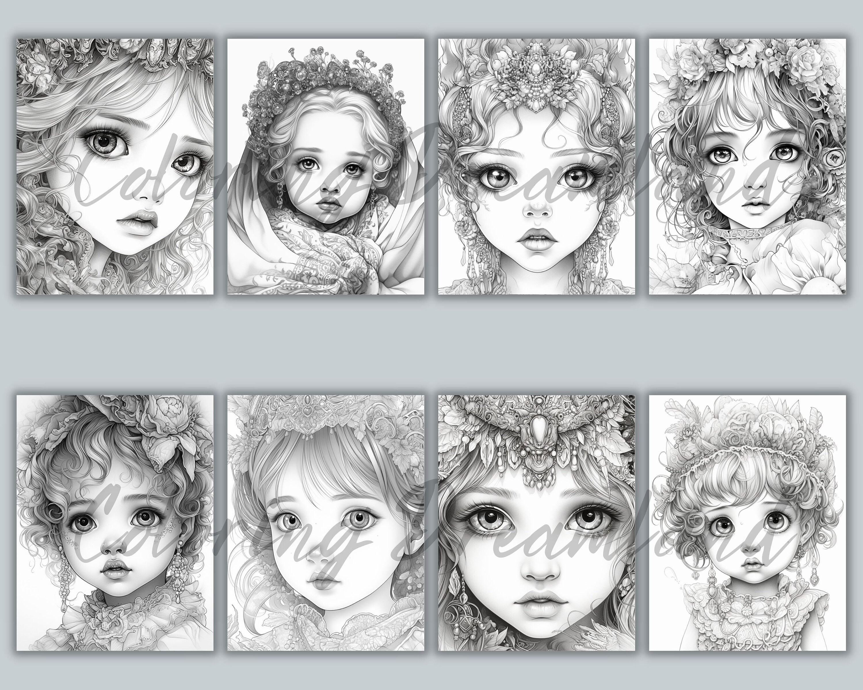 Princess Coloring Pages Book, Cute Princess Grayscale Coloring Book ...