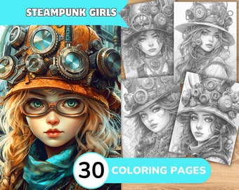 Steampunk Girls Coloring Book, Steampunk Coloring Pages, Steampunk Coloring, Girl Grayscale Coloring, Girl Coloring Book