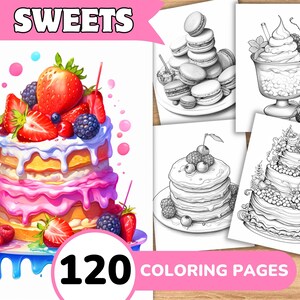 Sweet Coloring Pages Book, Sweet Grayscale Coloring Book, Sweet Coloring Grayscale, Food Coloring Digital, Cake Coloring