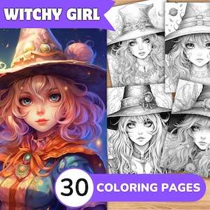 Pagine da colorare di streghe, libro da colorare di streghe, colorazione di streghe in scala di grigi, libro da colorare di ragazze, colorazione di ragazze in scala di grigi