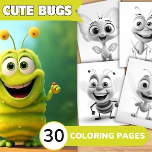 Cute Bugs Coloring Pages Book, Bugs Coloring Pages, Insect Coloring Book, Insect Coloring Template Grayscale, Greyscale Digital Coloring