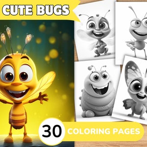 Cute Bugs Coloring Pages Book, Bugs Coloring Pages, Insect Coloring Book, Insect Coloring Template Grayscale, Greyscale Digital Coloring