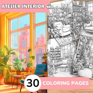 Interior Coloring Pages Book, Interior Design Grayscale Coloring Book, Interior Room Coloring Template Grayscale, Realistic Coloring Pages
