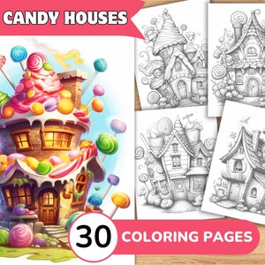 Candy Houses Coloring Book, Candy Coloring, Sweet Coloring, House Coloring Pages, Fairy Houses Coloring, Grayscale Coloring