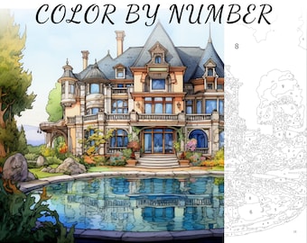 Color By Number, Paint By Number, Paint Number Adult, Coloring Numbered, Color By Number For Adults, Mansion Coloring