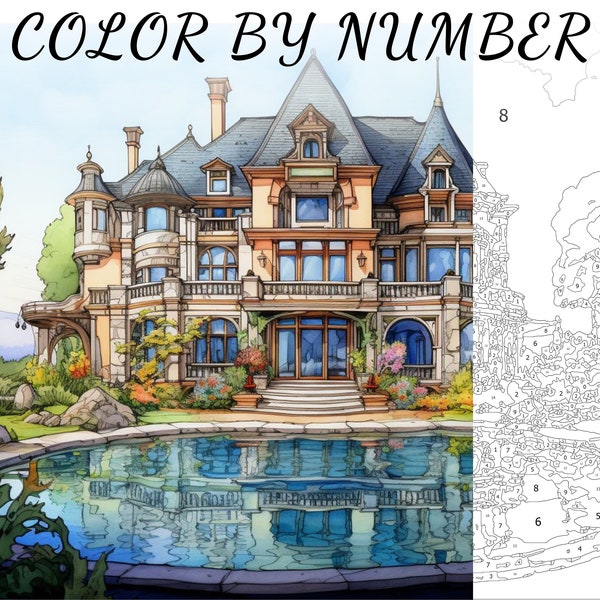 Color By Number, Paint By Number, Paint Number Adult, Coloring Numbered, Color By Number For Adults, Mansion Coloring