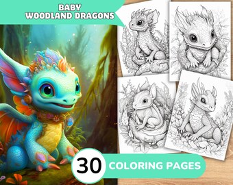 Dragon Coloring Pages Book, Cute Dragon Grayscale Coloring Book, Dragon Coloring, Coloring Template Grayscale Digital