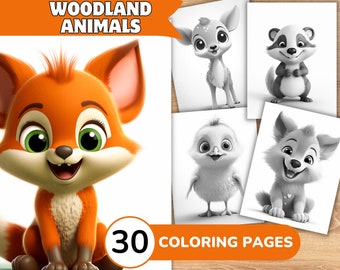 Woodland Animal Coloring Book, Forest Animal Coloring Pages, Cute Animal Grayscale Coloring Book, Coloring Template Grayscale Digital