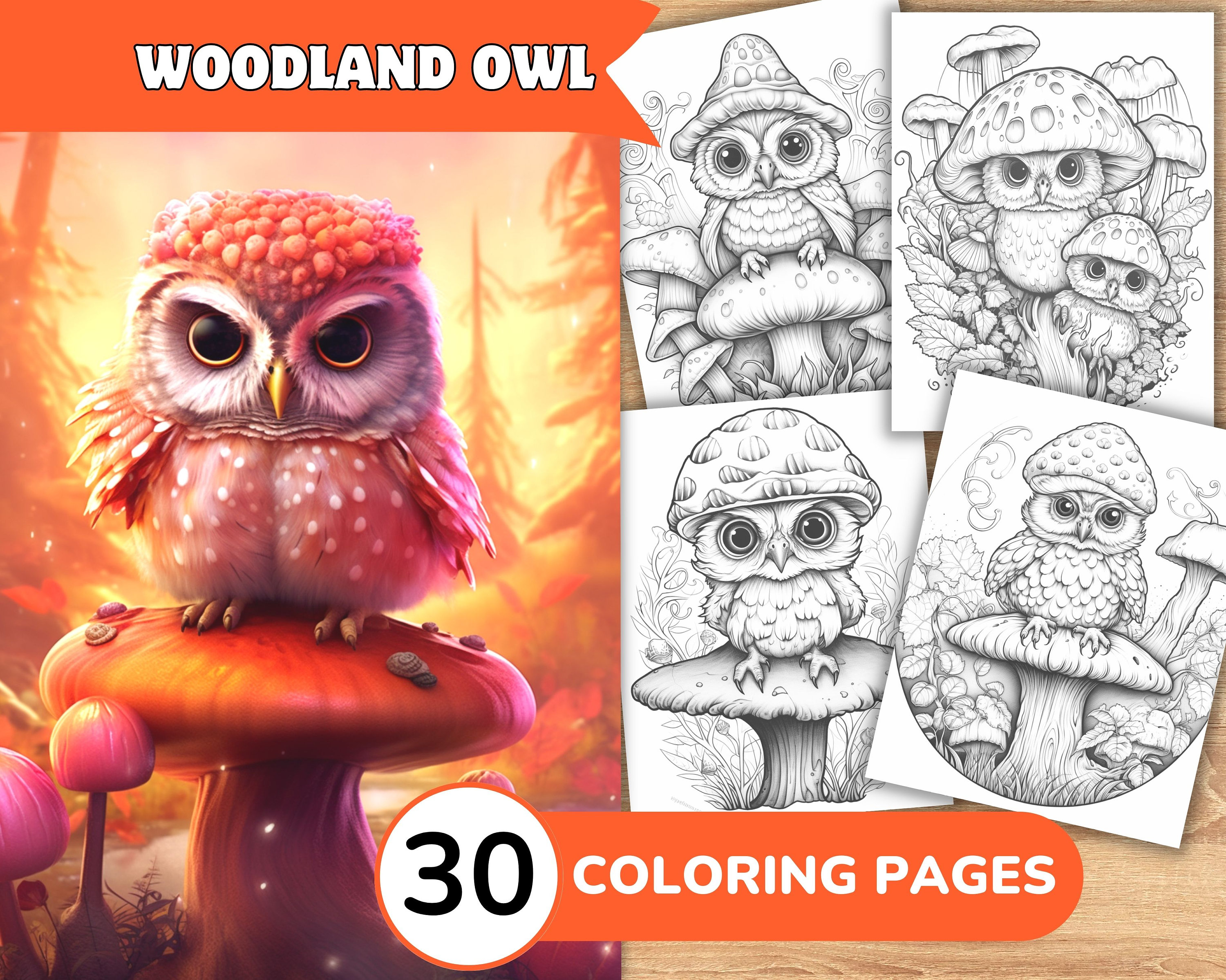 Owl Coloring Book, Owl Coloring Page, Mushroom Coloring, Animal Coloring Page, Cute Animal Grayscale