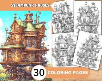 Steampunk Houses Coloring Book, Steampunk Coloring Book, House Coloring Pages, House Grayscale Coloring Pages