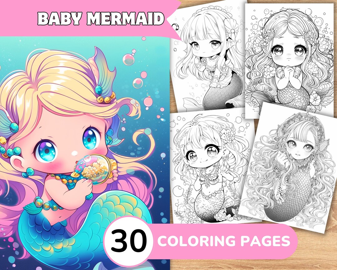 Cute Mermaid Coloring Pages Book, Mermaid Grayscale Coloring Book ...
