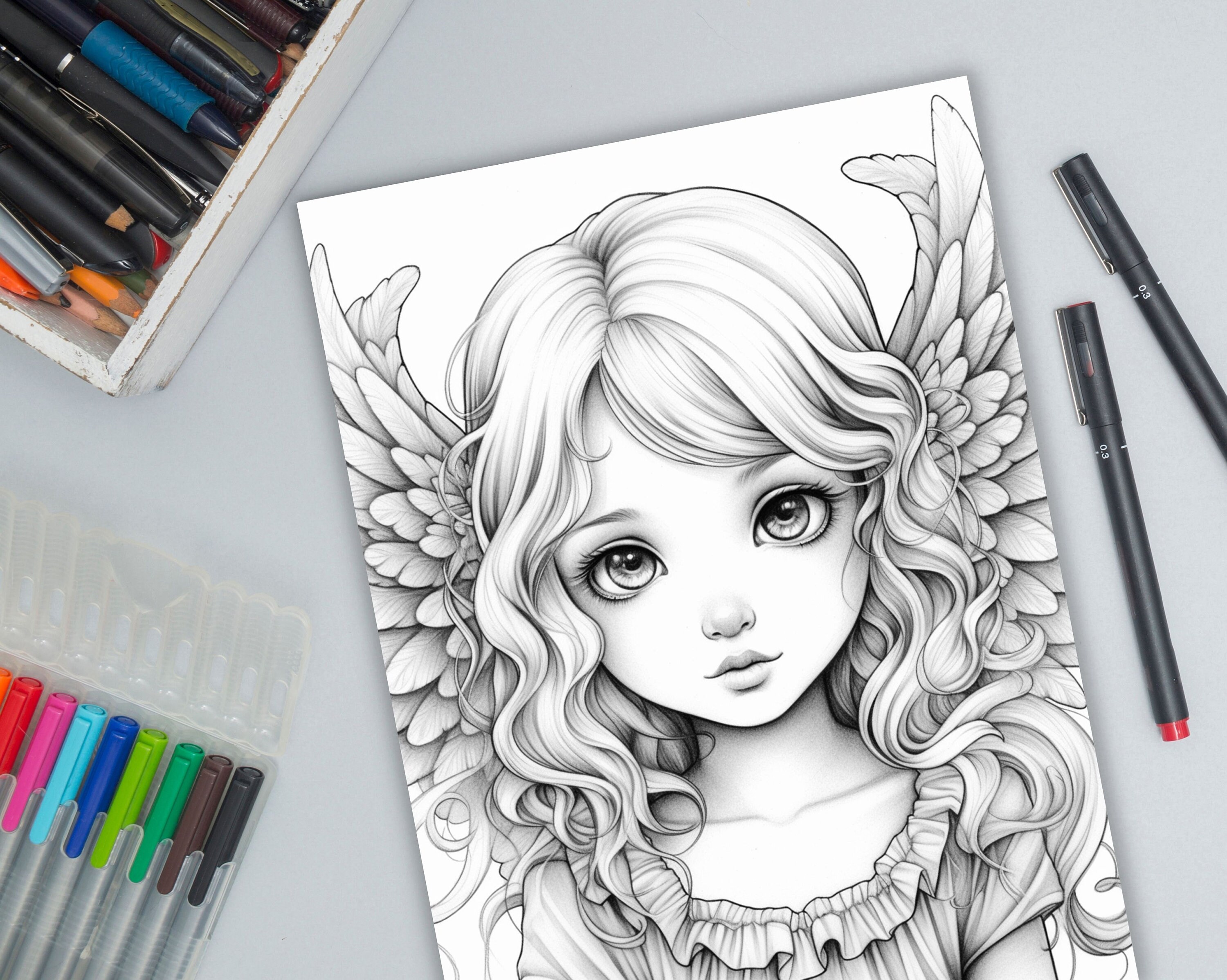 Angel Coloring Pages Angel Coloring Book Angel Grayscale - Etsy