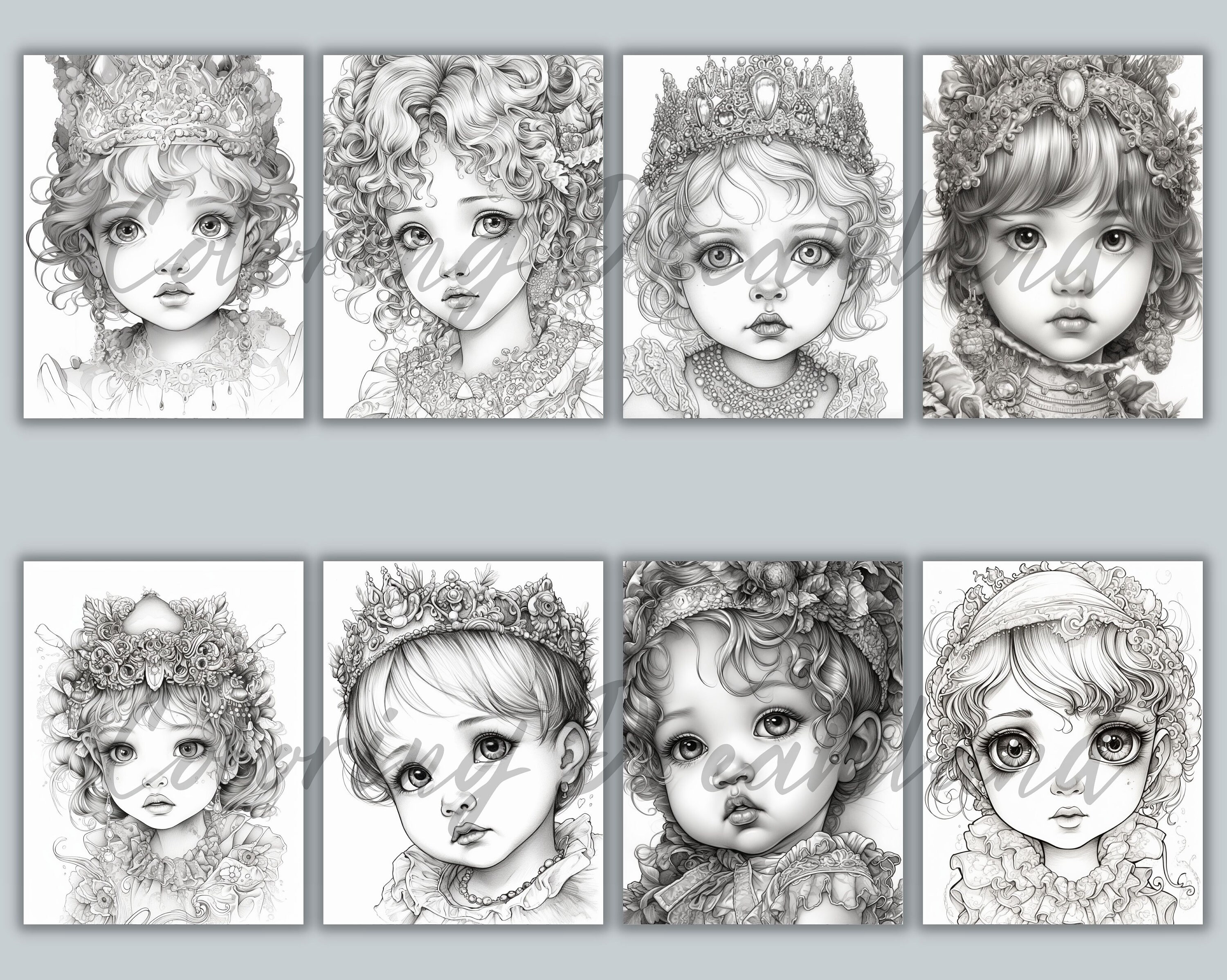 Princess Coloring Pages Book, Cute Princess Grayscale Coloring Book ...
