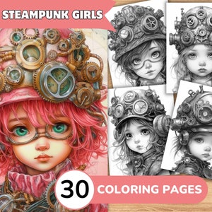 Steampunk Girls Coloring Pages Book, Steampunk Coloring Digital, Grayscale Coloring Book, Coloring Template Grayscale