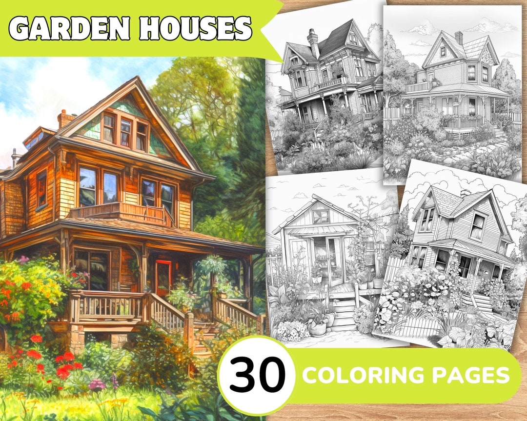 Garden House Coloring Page Book Garden Grayscale Coloring - Etsy