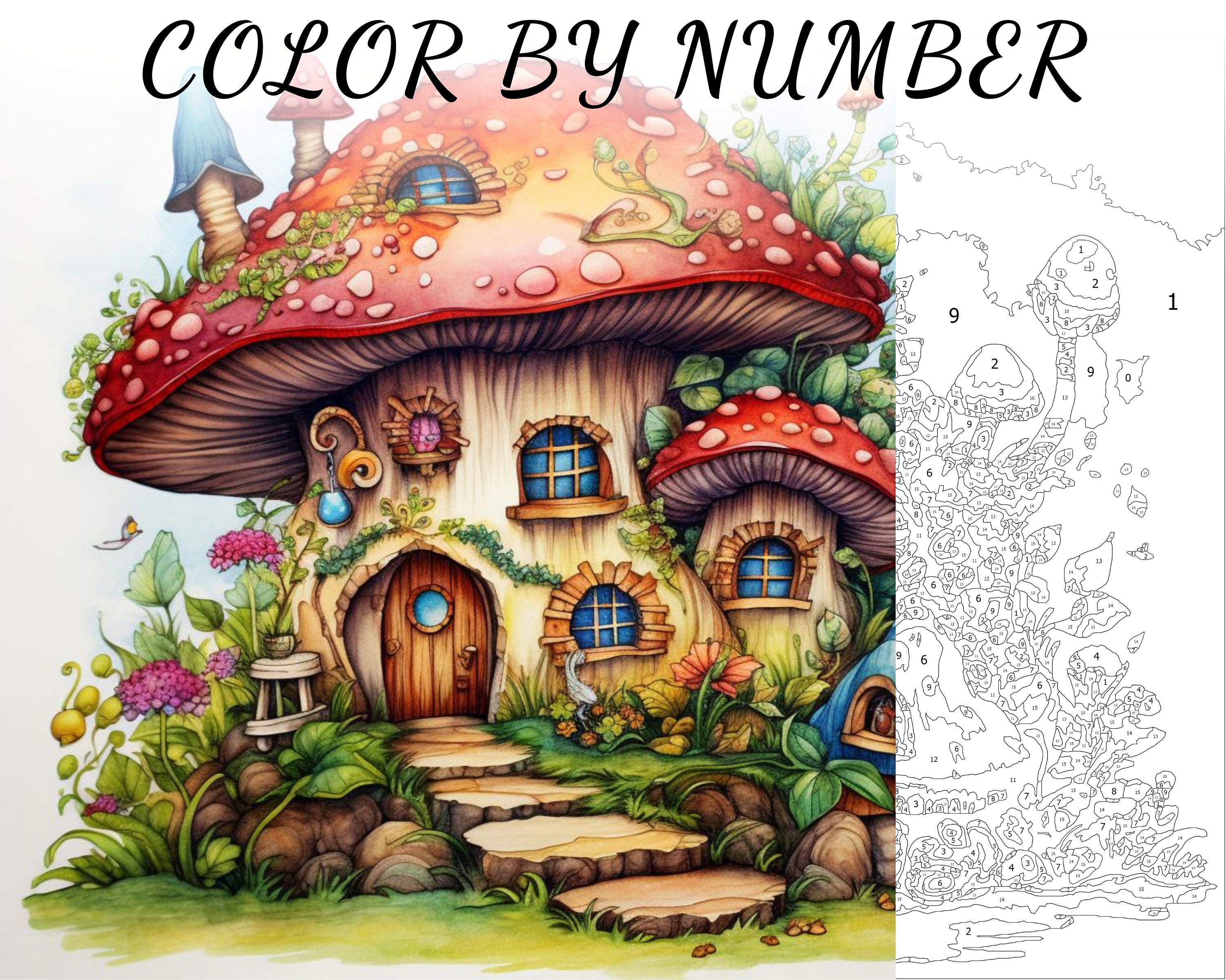 Color By Number, Paint By Number, Paint Number Adult, Coloring Numbered, Color By Number For Adults,Fairy House Coloring