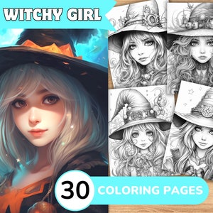Witch Coloring Pages, Witch Coloring Book, Witch Grayscale Coloring, Girl Coloring Book, Girl Grayscale Coloring