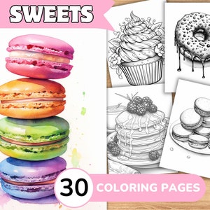 Sweet Coloring Pages Book, Sweet Grayscale Coloring Book, Sweet Coloring Grayscale, Food Coloring Digital, Cake Coloring