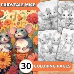 ネズミの塗り絵、ネズミの塗り絵ページ、おとぎ話の塗り絵、動物の塗り絵ページ、かわいい動物のグレースケール、花の塗り絵