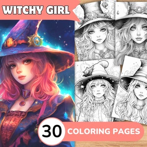Witch Coloring Pages, Witch Coloring Book, Witch Grayscale Coloring, Girl Coloring Book, Girl Grayscale Coloring