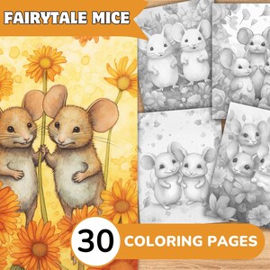 ネズミの塗り絵、ネズミの塗り絵ページ、おとぎ話の塗り絵、動物の塗り絵ページ、かわいい動物のグレースケール、花の塗り絵