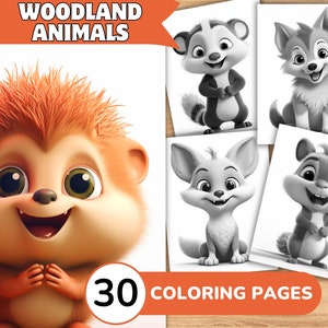 Woodland Animal Coloring Book, Forest Animal Coloring Pages, Cute Animal Grayscale Coloring Book, Coloring Template Grayscale Digital