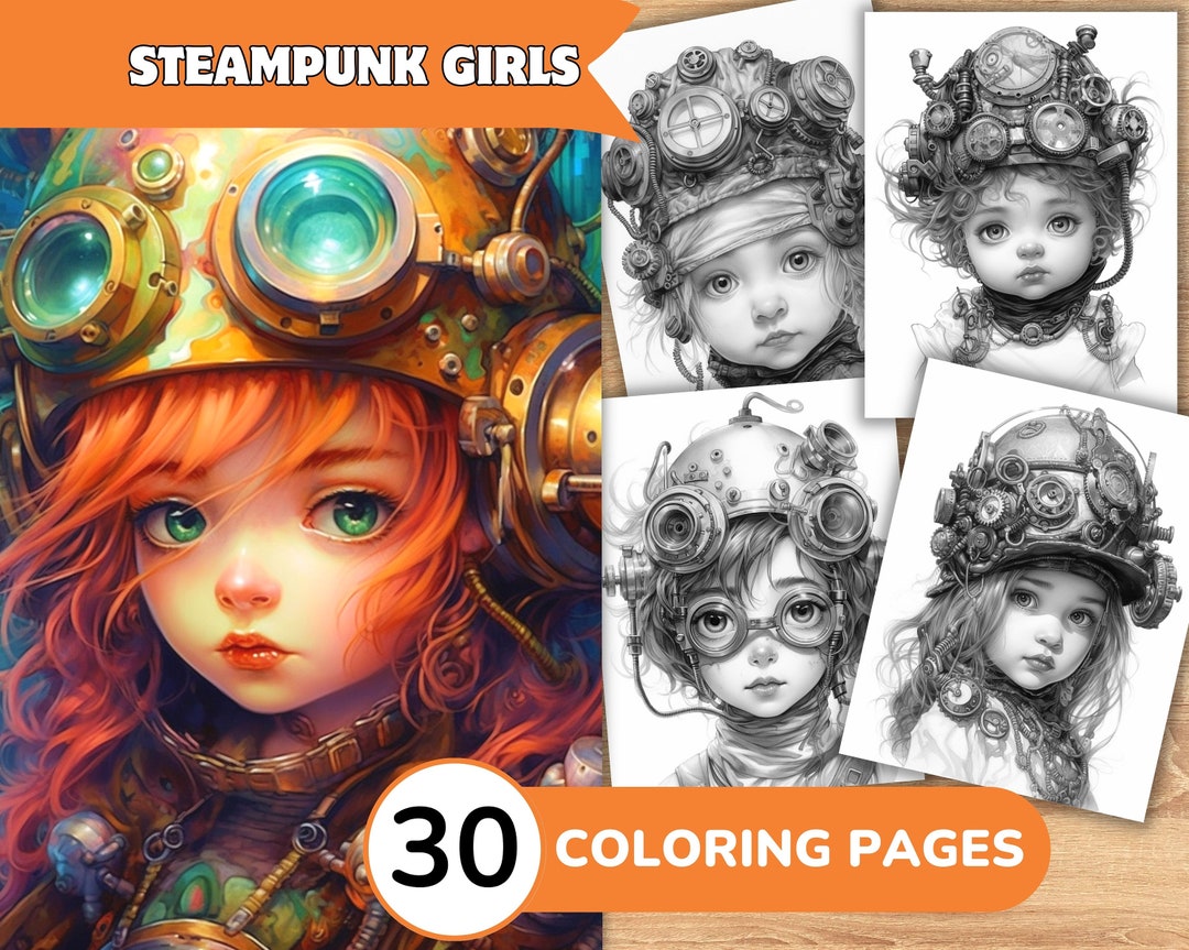 Steampunk Girls Coloring Pages Book, Steampunk Coloring Digital ...