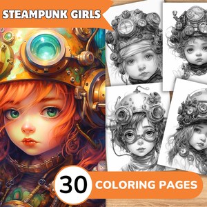Steampunk Girls Coloring Pages Book, Steampunk Coloring Digital, Grayscale Coloring Book, Coloring Template Grayscale