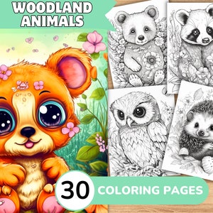 Woodland Animal Coloring Book, Forest Animal Coloring Pages, Cute Animal Grayscale Coloring Book, Coloring Template Grayscale Digital