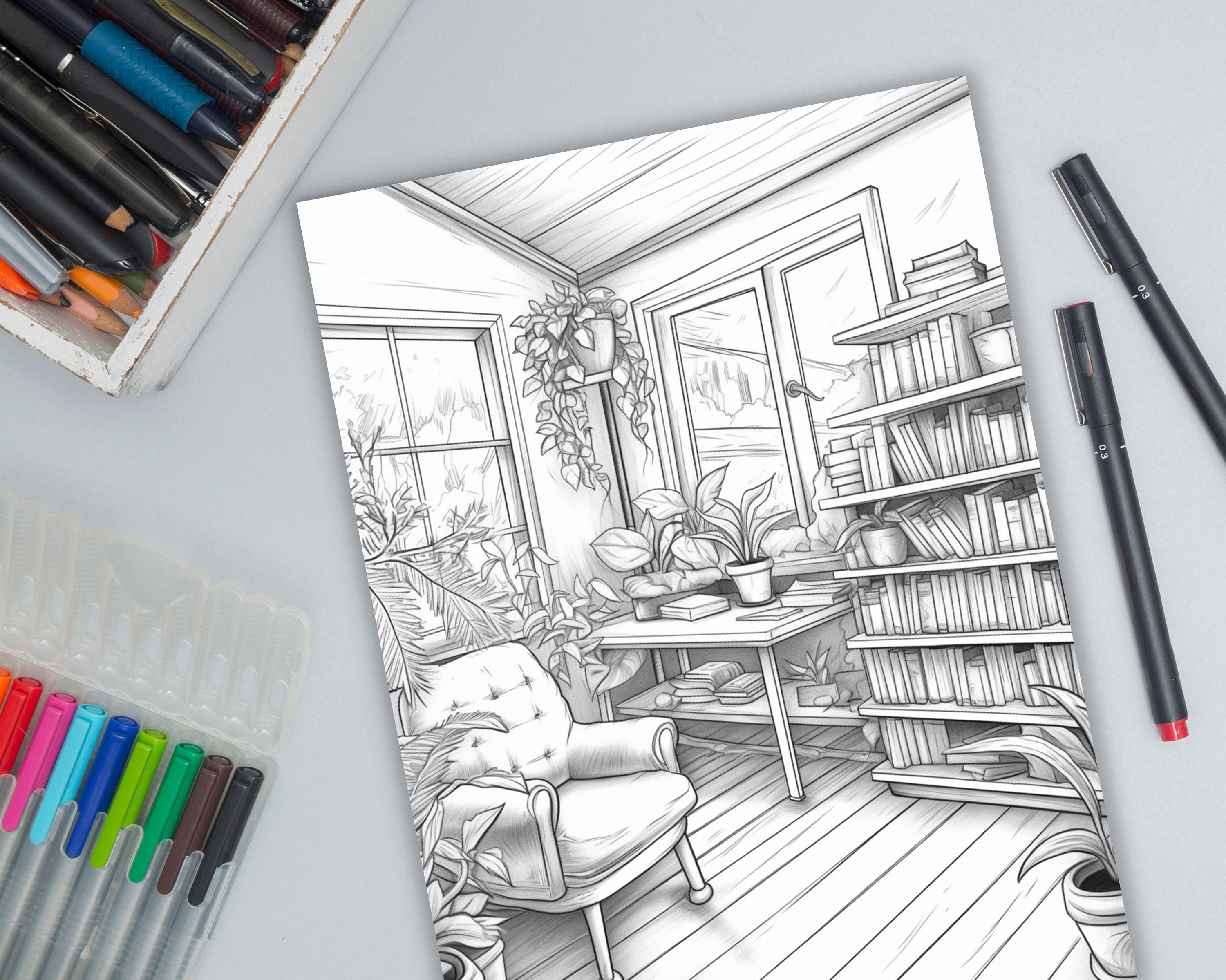 Interior Coloring Pages Book, Interior Design Grayscale Coloring Book ...