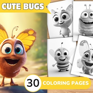 Cute Bugs Coloring Pages Book, Bugs Coloring Pages, Insect Coloring Book, Insect Coloring Template Grayscale, Greyscale Digital Coloring