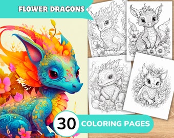 Dragon Coloring Pages Book, Cute Dragon Grayscale Coloring Book, Flower Dragon Coloring, Coloring Template Grayscale Digital