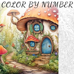 Kleur op nummer, verf op nummer, verfnummer volwassene, kleur genummerd, kleur op nummer voor volwassenen, Fairy House Coloring