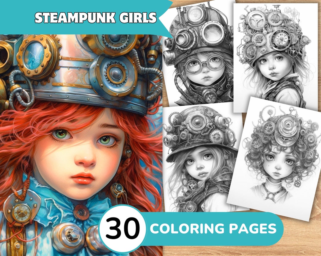 Steampunk Girls Coloring Pages Book, Steampunk Coloring Digital ...