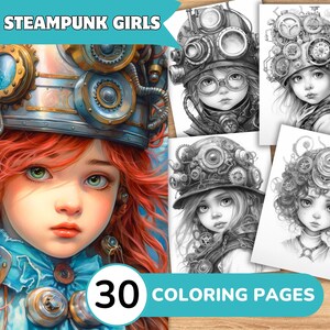 Steampunk Girls Coloring Pages Book, Steampunk Coloring Digital, Grayscale Coloring Book, Coloring Template Grayscale