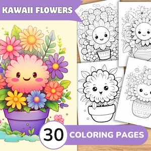 Kawaii kleurplaten, Kawaii kleurboek, Kawaii bloemkleuring, prachtige bloemkleuring, bloemenkleurboek