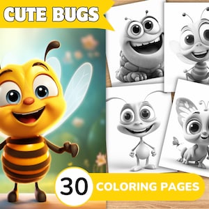 Cute Bugs Coloring Pages Book, Bugs Coloring Pages, Insect Coloring Book, Insect Coloring Template Grayscale, Greyscale Digital Coloring